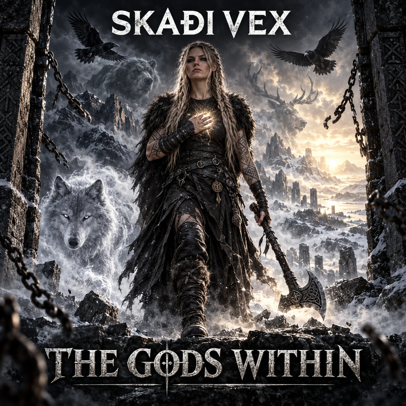 The Gods Within official album artwork with SKAÐI VEX, a wolf and ravens