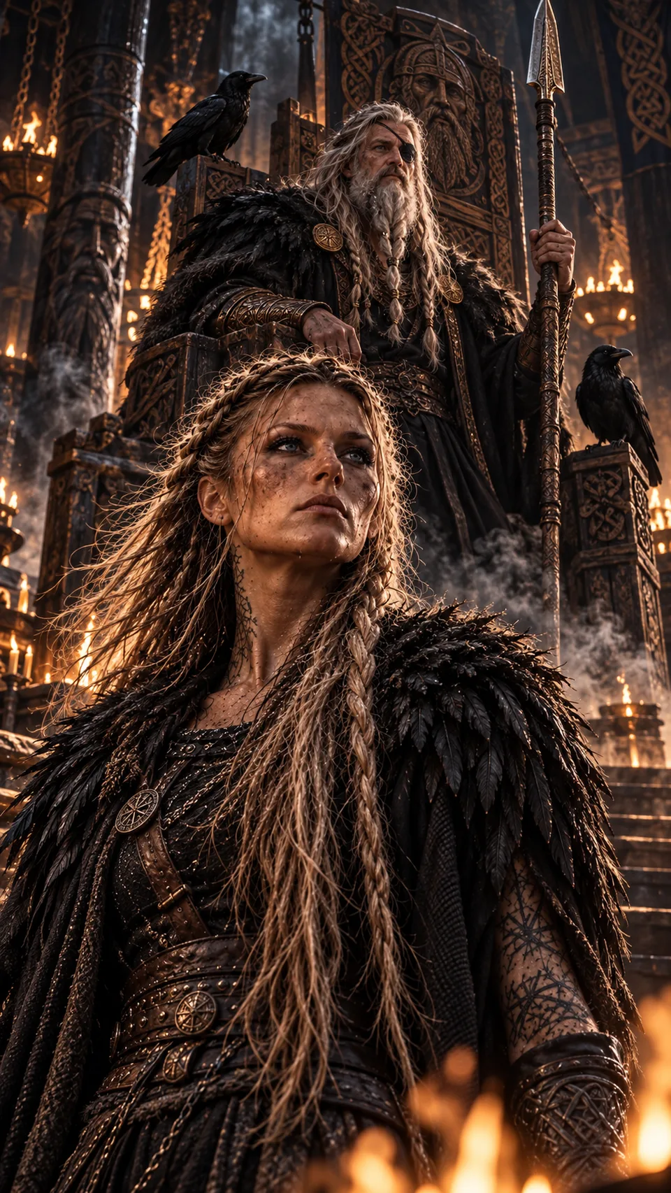 SKAÐI VEX standing before Odin and the ravens in a torchlit hall
