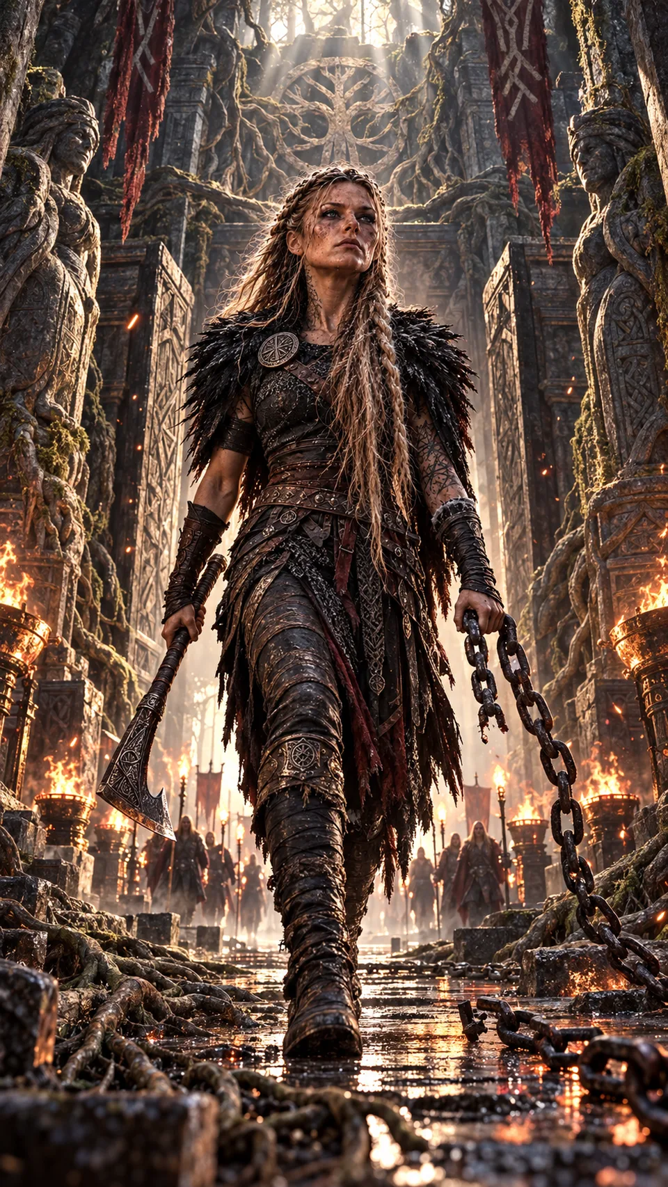 SKAÐI VEX entering a firelit ancient temple carrying an axe and broken chain