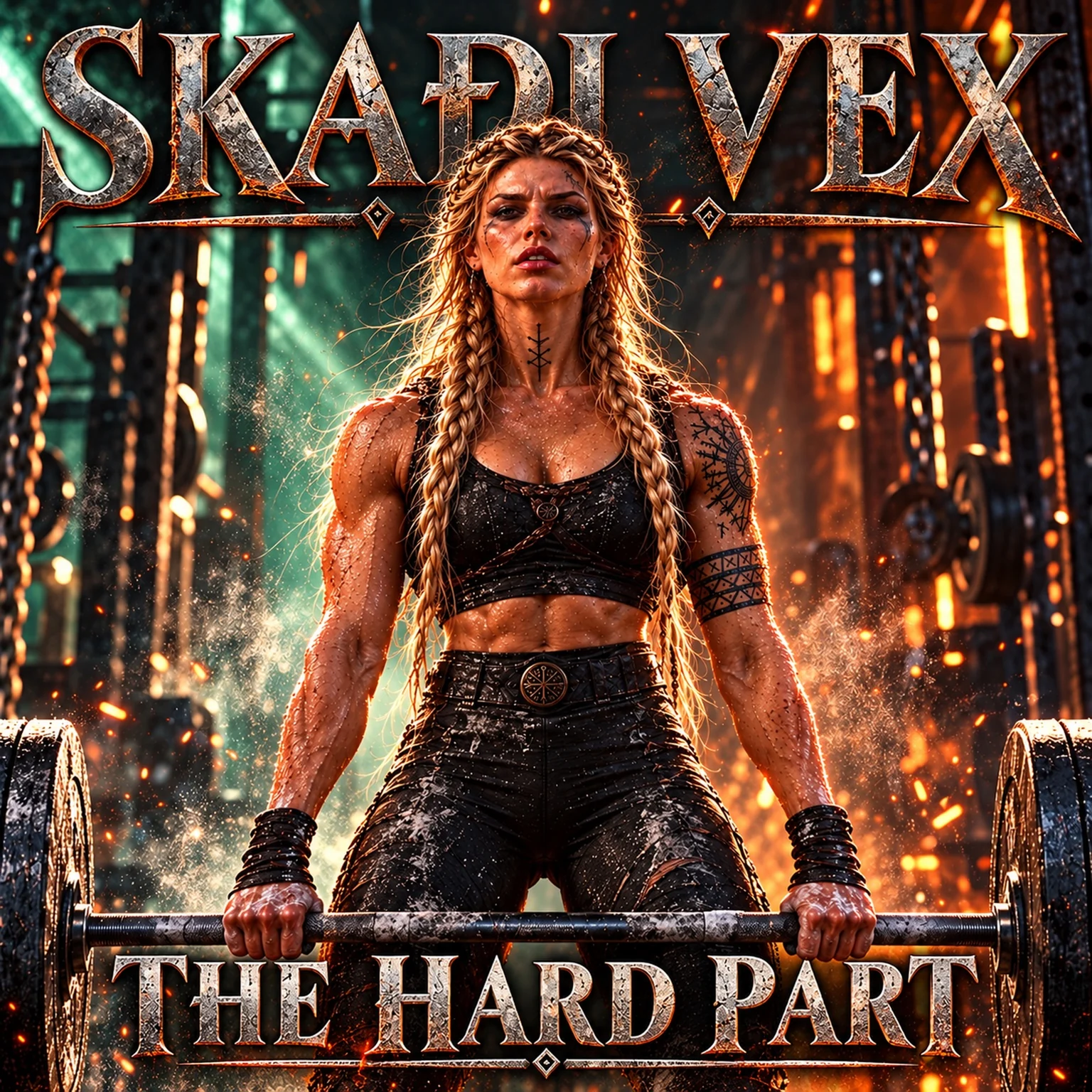 The Hard Part: SKAÐI VEX lifting a barbell amid fire and industrial ruins
