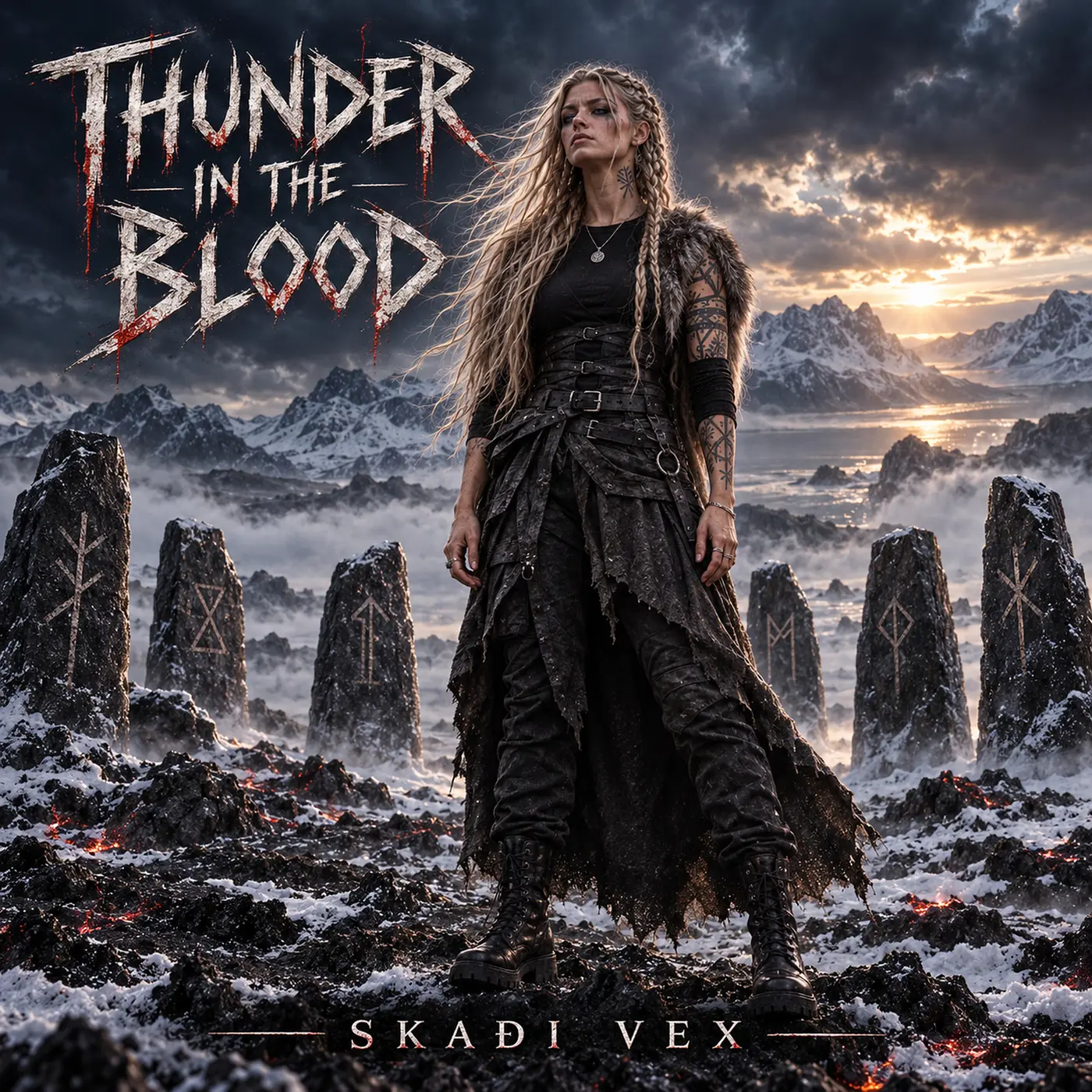 Thunder in the Blood official album artwork with SKAÐI VEX among snowy rune stones