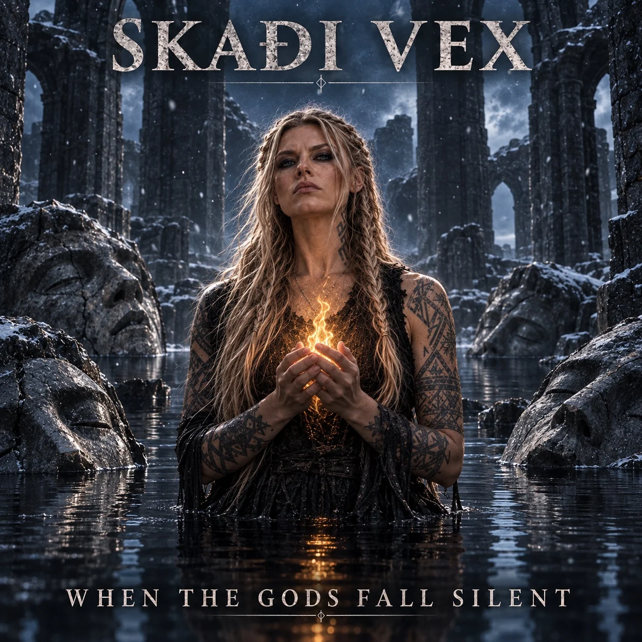 When the Gods Fall Silent: SKAÐI holding a flame amid snow-covered ruins and fallen statues